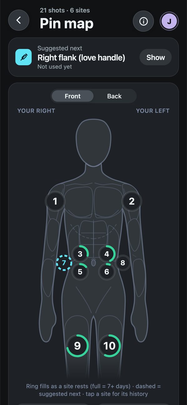 Pin map body view with site rotation rings