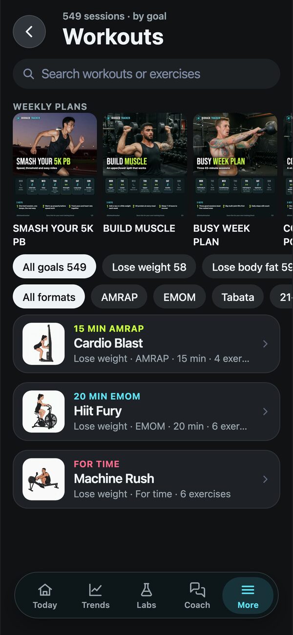 Workout library with weekly plans and timed sessions