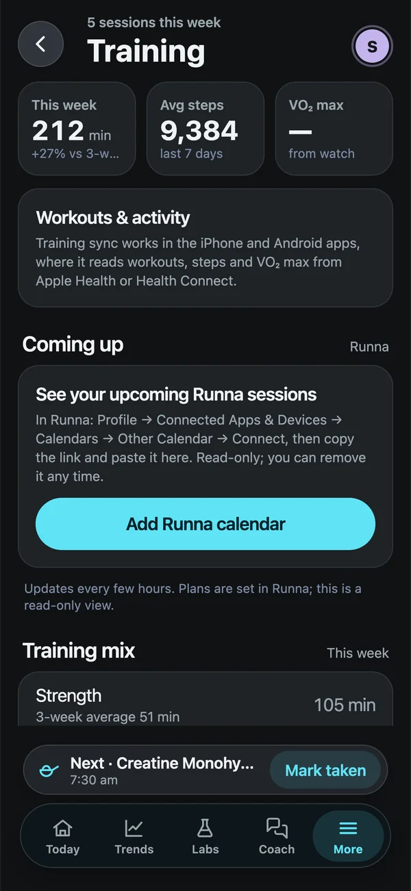 Biohack Tracker training screen with weekly minutes and steps