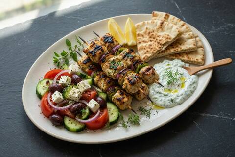 Chicken souvlaki plate